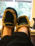 green and gold crocheted slippers